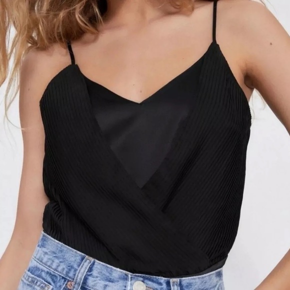 Zara Bodysuit Pleated Draped Black Top Buttons Women Size S Spaghetti Straps - Picture 4 of 16